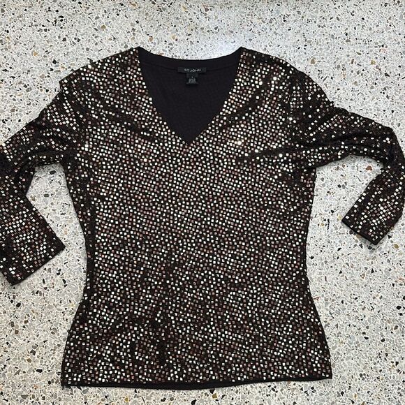 St John brown gold shiny sequin 3/4 sleeve neck blouse top small s - Picture 4 of 8